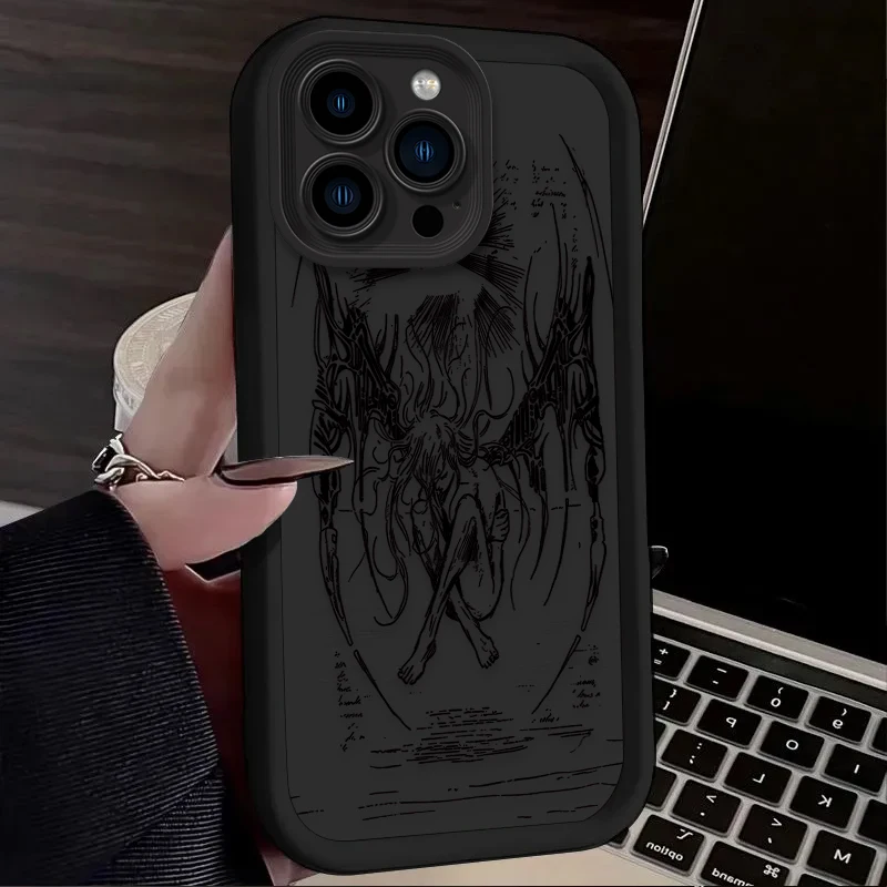 Soft Liquid Silicone Phone Case for iPhone 15 14 13 12 11 Pro Max XS X XR 8 7 6S 6 Plus SE 2020 Luxury Punk Black Angel Cover