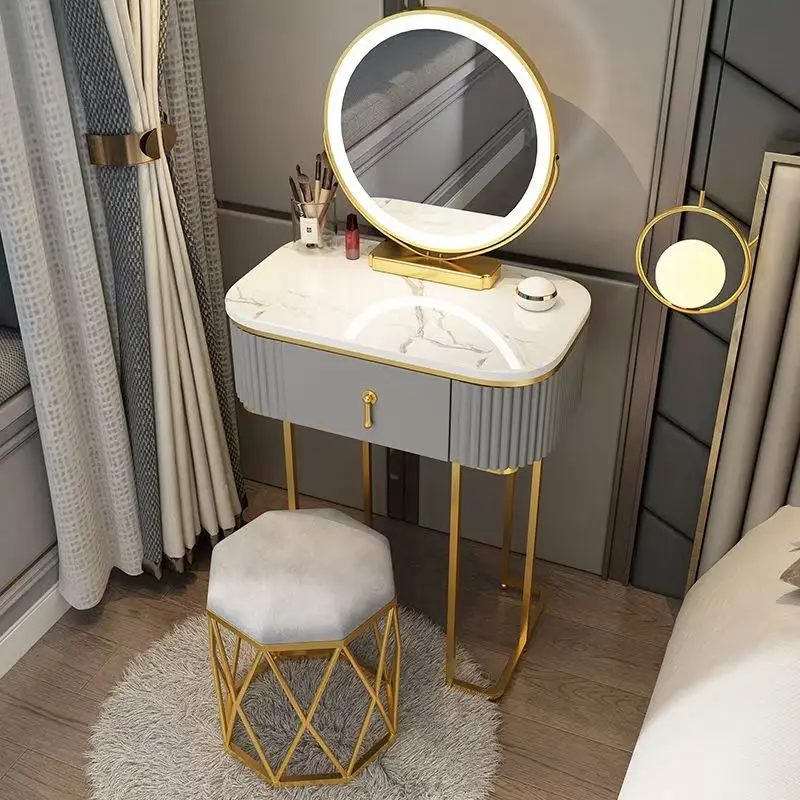 Elegant Vanity Dressing Table with LED Mirror Drawer Metal Leg for Bedroom Cosmetic Storage Desk Shelf for Makeup Organization