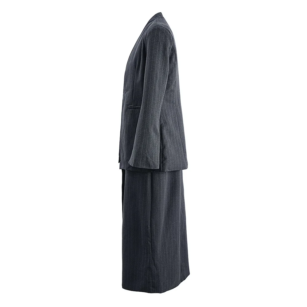 Costumes gris à rayures pour femmes, ensemble jupe et blazer 2 pièces, longue robe de Rh, tenue de travail, manteau, maxi glaSkirt