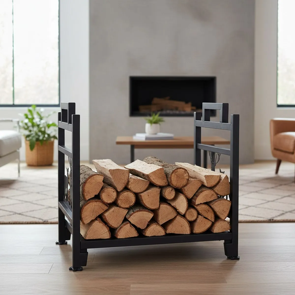 Iron Firewood Log Rack Heavy Duty Indoor Outdoor Fireplace Storage Holder Bin 2ft for Wood Lumber Stove Accessories