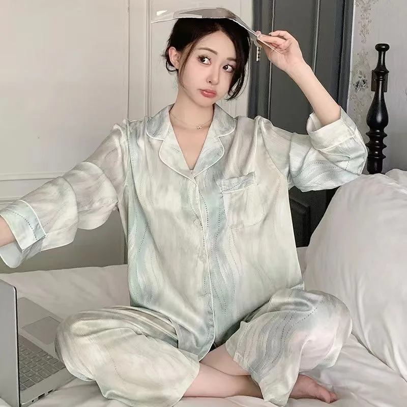 2024 Women High Sense Ice Silk Long Sleeve Pajamas Spring and Autumn New Female Cardigan Thin Homewear Casual Nightclothes Suit