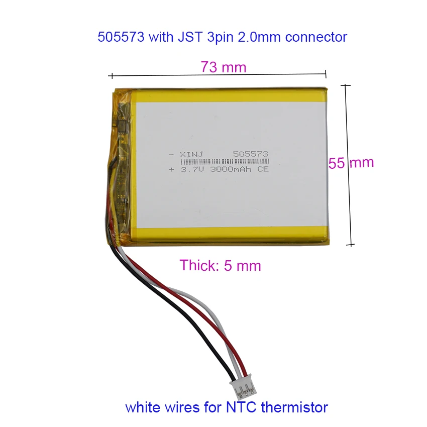 充電式リチウムポリマー電池,3ピンコネクタ,ntc,3線式サーミスター,505573,jst,3.7v,3000mah,11.1wh,2.0mm