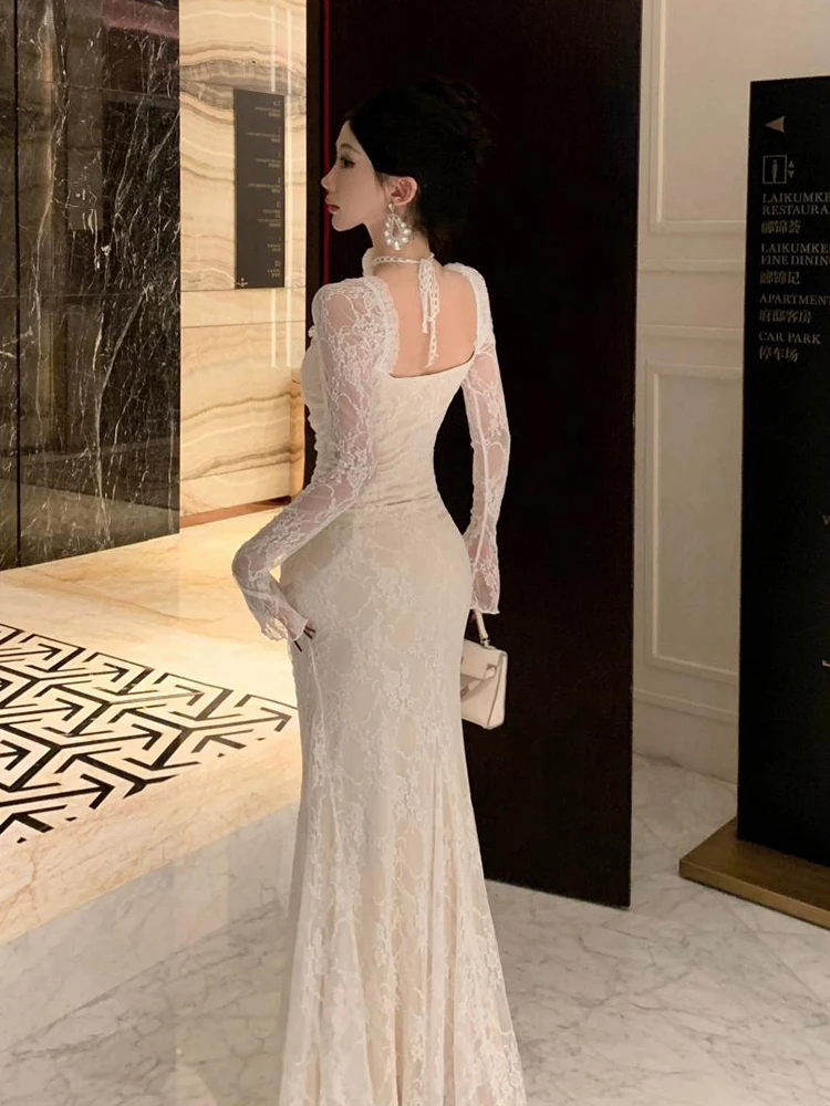 Abito da sera elegante per celebrità da donna Lady Sexy Sheer Lace Diamond Flower Fishtail Robe Femme Backless Party Banquet Vestidos