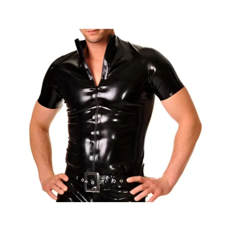 

Handmade Latex Men Short Sleeve Shirt Latex Top Rubber Suit with Front Zip Cosplay Costume