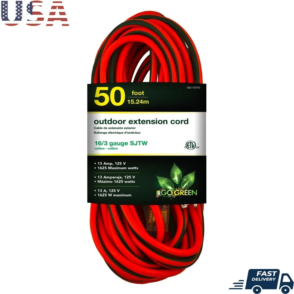 

Сверхмощный наружный удлинитель длиной 50 футов с подсветкой, 13 А, 125 В, электроинструменты, газонокосилка, генератор, освещение