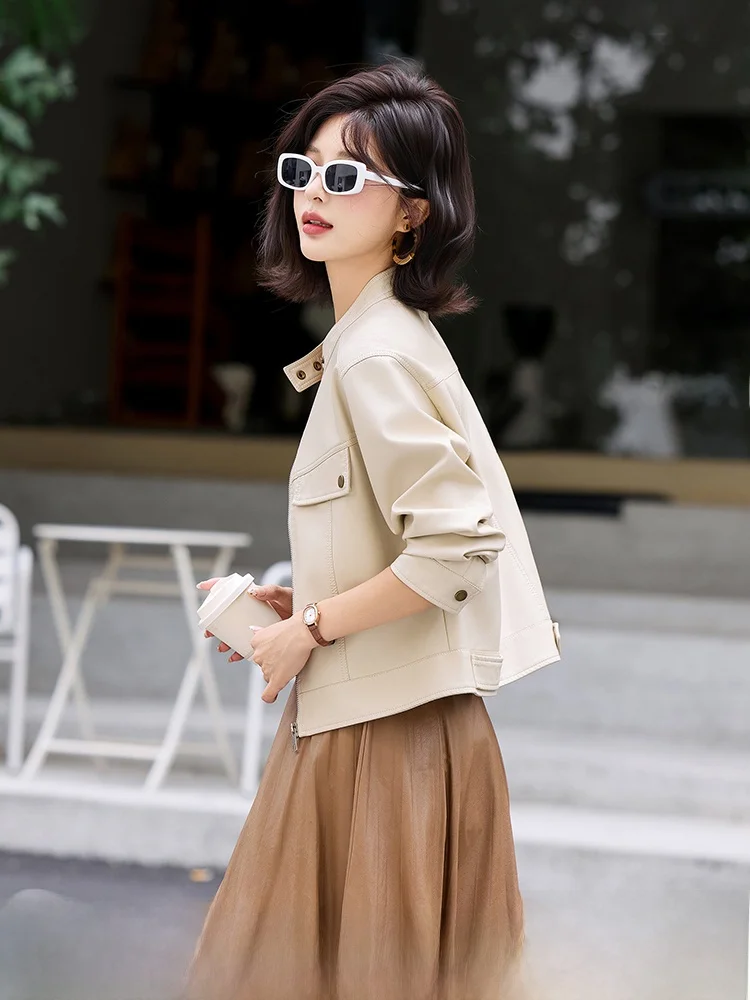 

Ning Genuine Leather Jaet Women's ort Slimming Biker eepskin Stand Collar Coat Spring Autumn Faion Outerwear