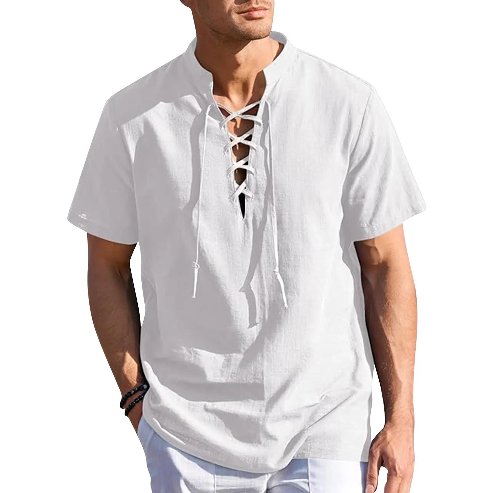 Men's Short Sleeve Summer Cotton Linen Shirt Plus Size H Enry Stand C Ollar Beach Shirt Medieval Clothing Mens Button Leotard