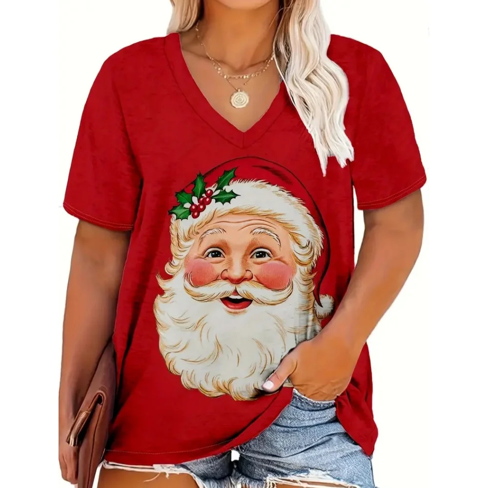 Red Christmas Day Specific Fashion Short Sleeved Summer V-Neck Women's Clothing Christmas T-Shirt Fashion Hot Selling Style