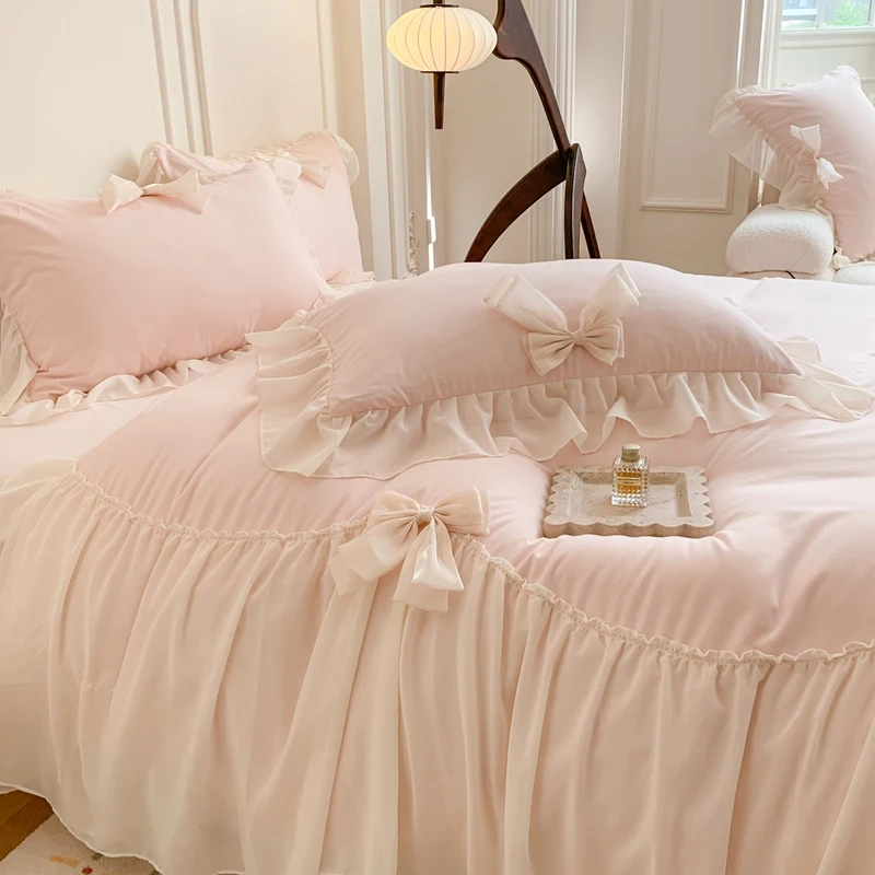 Korean Princess Style Bedding Set Girl Heart Solid Color Double Bed Sheets Washed Cotton Ruffled Bed Cover Sheet Quilt Set