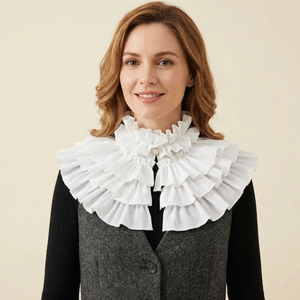 Adjustable Layered Ruffle False Collar Elegant French Style Decorative Ruffle Neckline Classic DIY White Ruffled Shawl Girls
