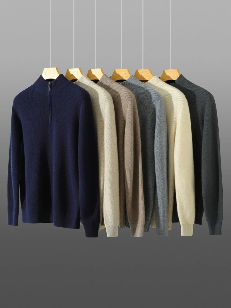 

High Quality Men 100% Cashmere Sweater Mock Neck Zipper Pullover Autumn Winter Long Sleeve Cashmere Knitwear Smart Casual Cloth