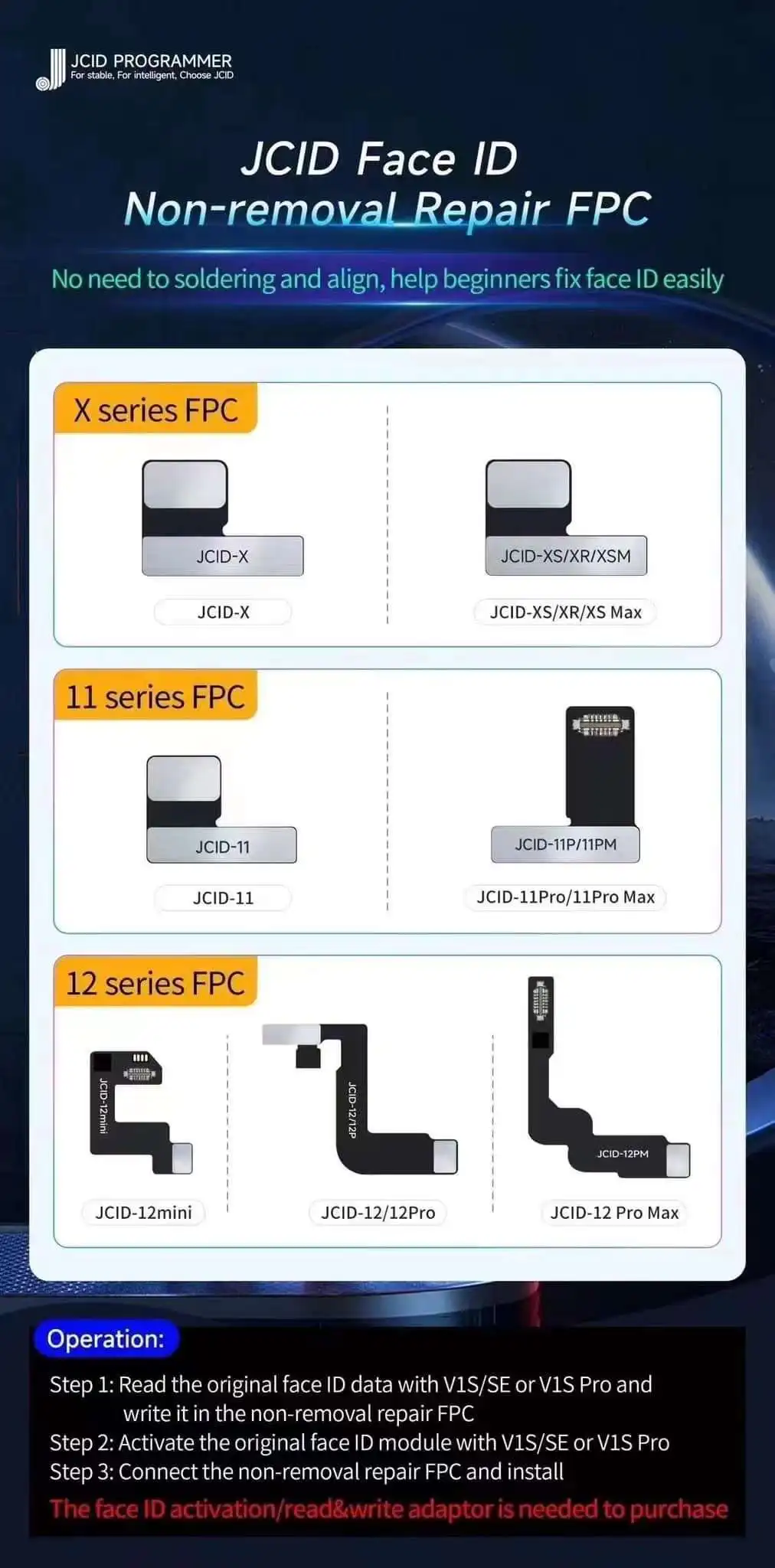 JC JCID Non-Removal Face ID Repair FPC Flex Cable for iPhone X-12PM, Dot Projector, Read and Write, Dot Matrix, Repair Tools