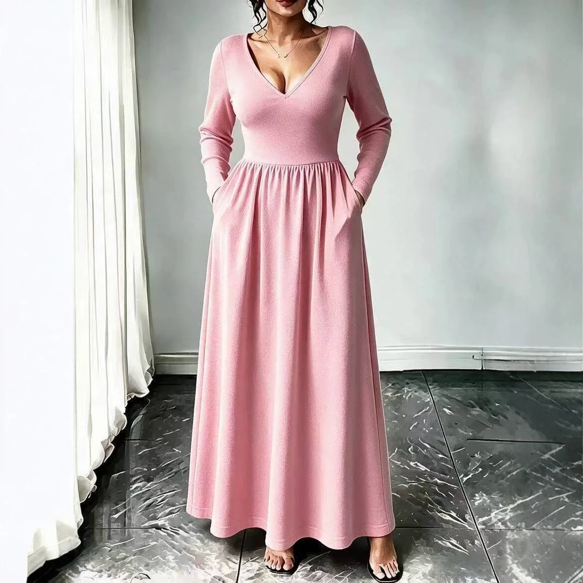 New Autumn. And Winter Collection: Elegant, Solid-color, V-neck It's Simple And Multifunctional Long-sleeved Clothes Maxi Sexy