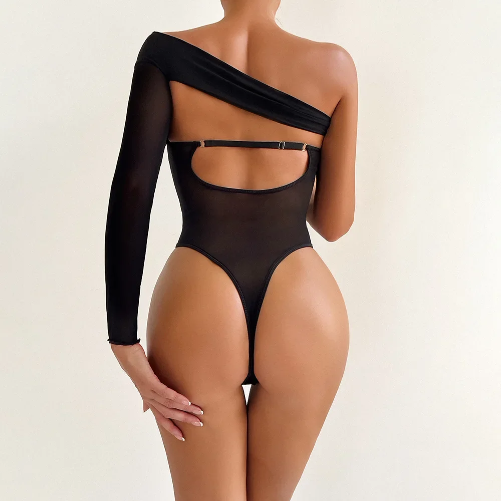 Women\'s Sexy Single Rotator Sleeve Shapewear Bodysuit Chest Cotton Splicing Mesh Fashion Underwear