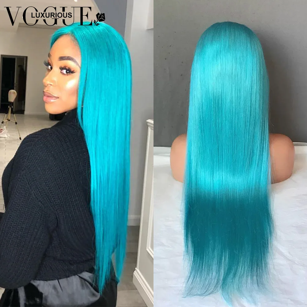 Lake Blue Straight Colored Human Hair Wigs Preplucked Transparent 13x4 Lace Frontal Wig 613 Body Wave Lace Front Wig Cosplay Wig