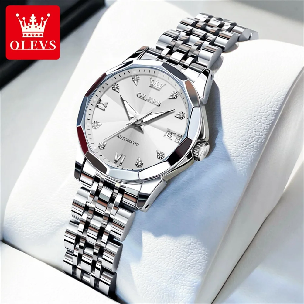 

OLEVS 9982 Auto Date Mechanical Watch For Women Rhombus Mirror Luxury Elegant Ladies Wristwatch Roman Scale Waterproof Watches