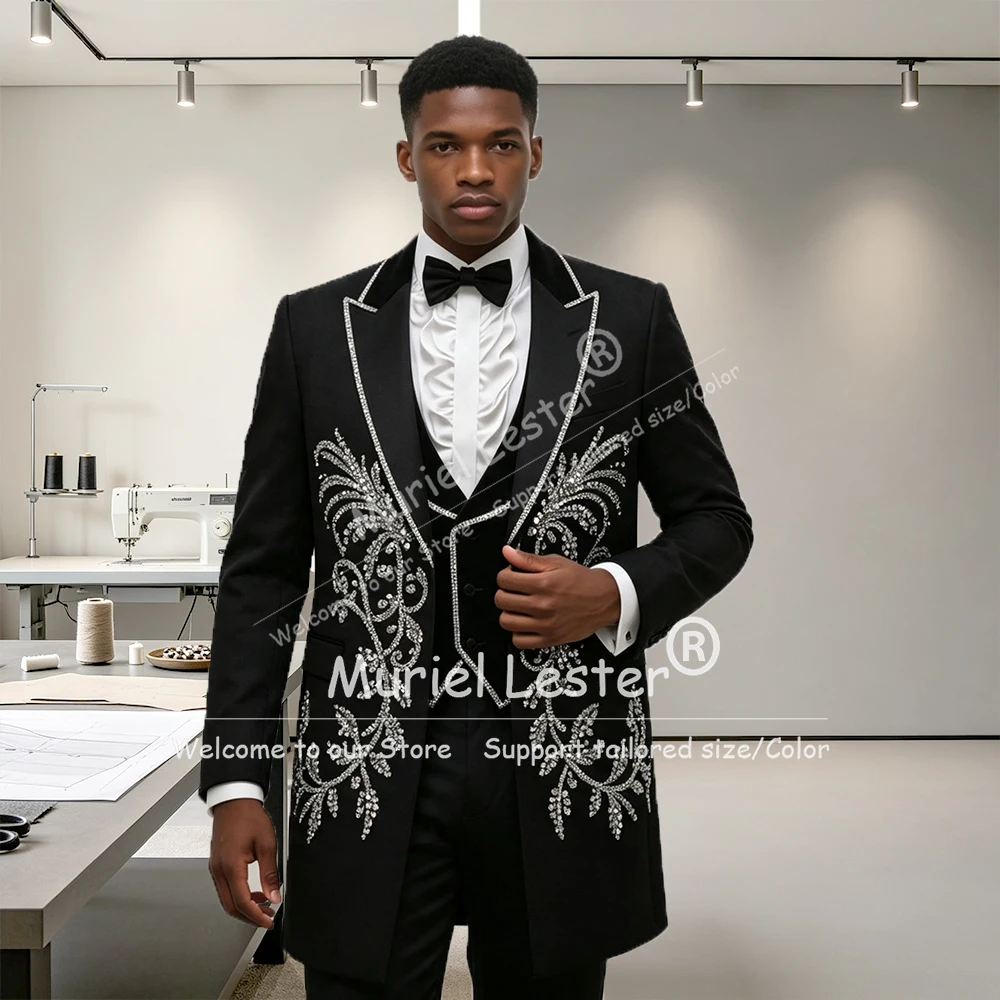 Handmade Beads Crystals Sequin Men's Suit For Wedding Shawl Lapel Prom Blazer Long Customized Groom Business Party Tuxedo Attire