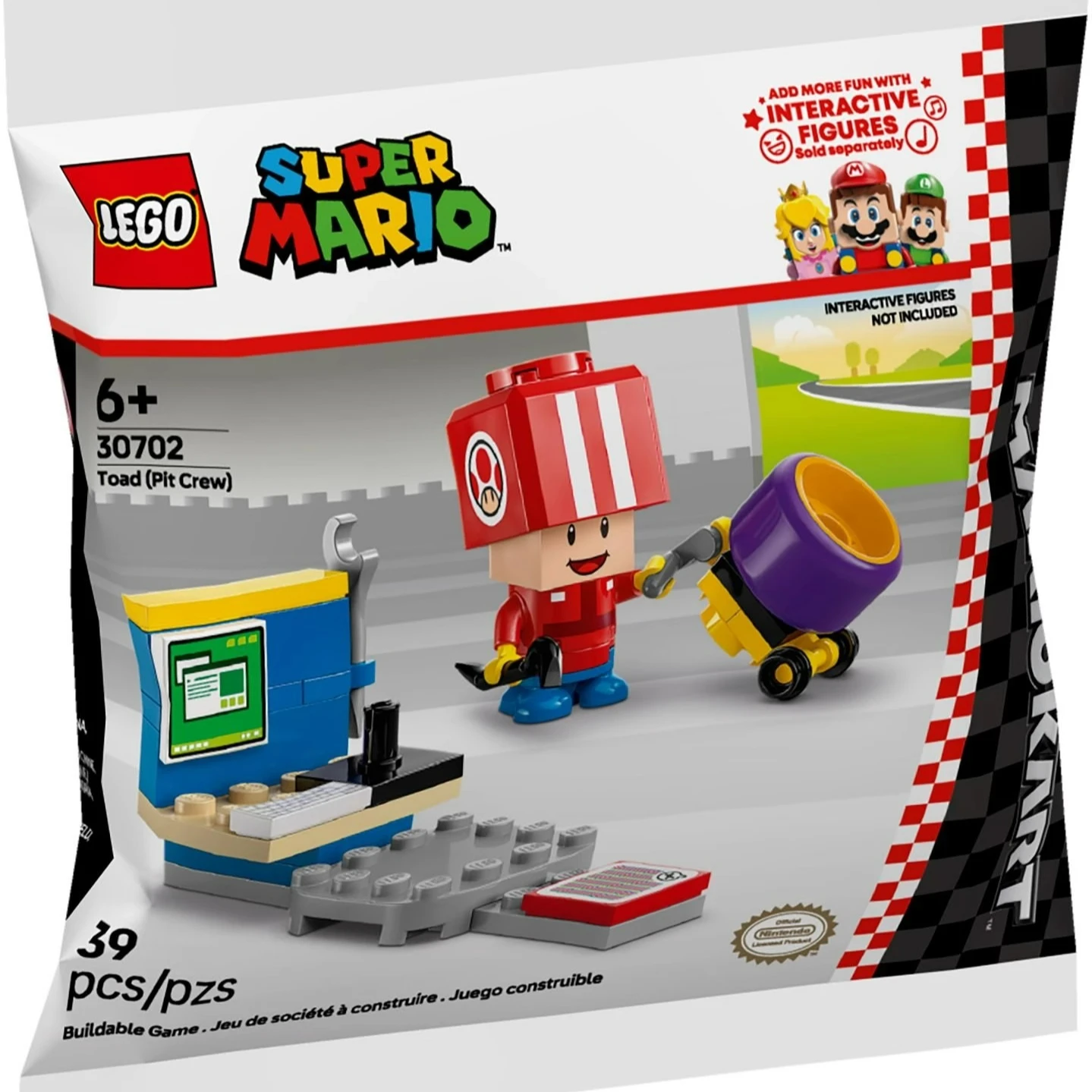 

LEGO Mario Kart ™ – Рабочая станция Toad (Pit Crew), картинговая шина, колесная тележка и инструменты для детей от 6 лет, 39 шт. 30702