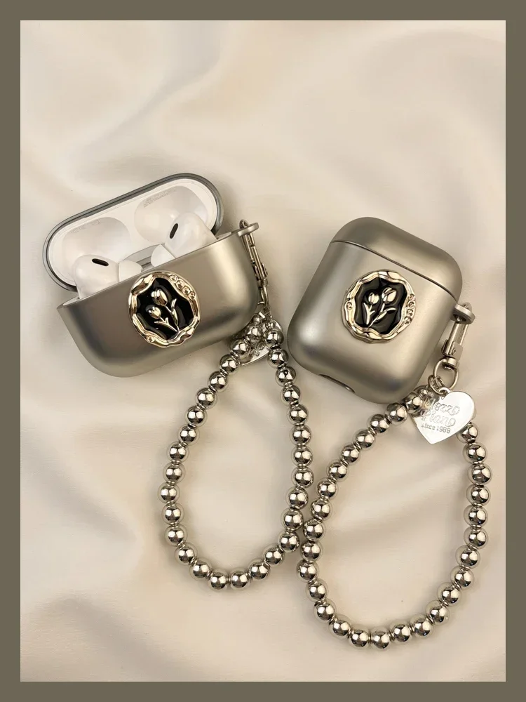 Electroplated Retro Tulip Case for Airpods1/2/3/pro Wireless Bluetooth Headset Case Drop Protection with Charm Chain