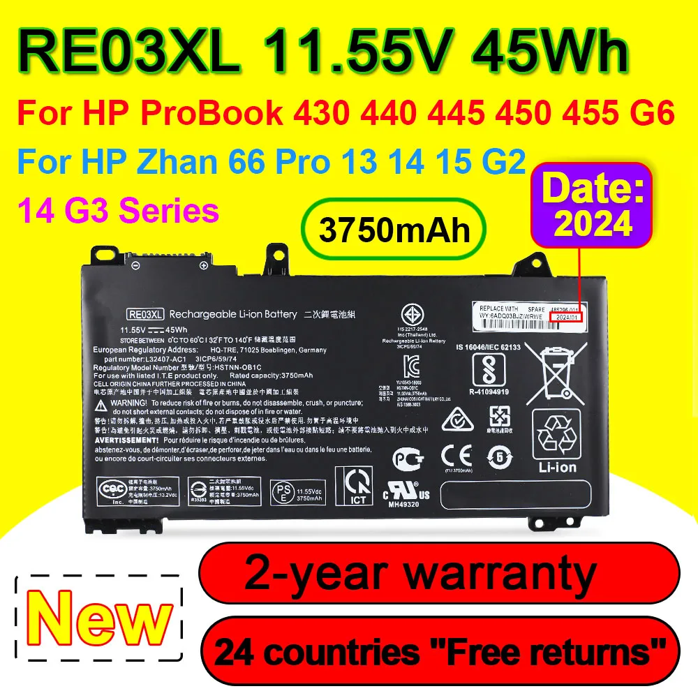 

RE03XL Battery For HP ProBook 430 440 445 450 455 455R G6 Zhan 66 Pro 13 14 15 G2 Laptop HSTNN-OB1C HSTNN-UB7R 11.55V 45Wh