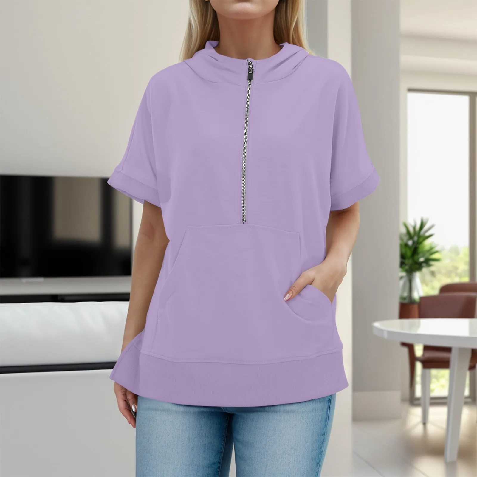 Sudaderas con capucha de gran tamaño para mujer, ropa de calle de manga corta con cremallera, camisetas informales coreanas que combinan con todo