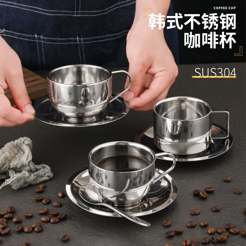 Light Luxury 304 Stainless Steel Coffee Cup Double-layer Anti Scald Afternoon Tea Cup Milk Tea Cup Plate 3 Piece Set Drinkware