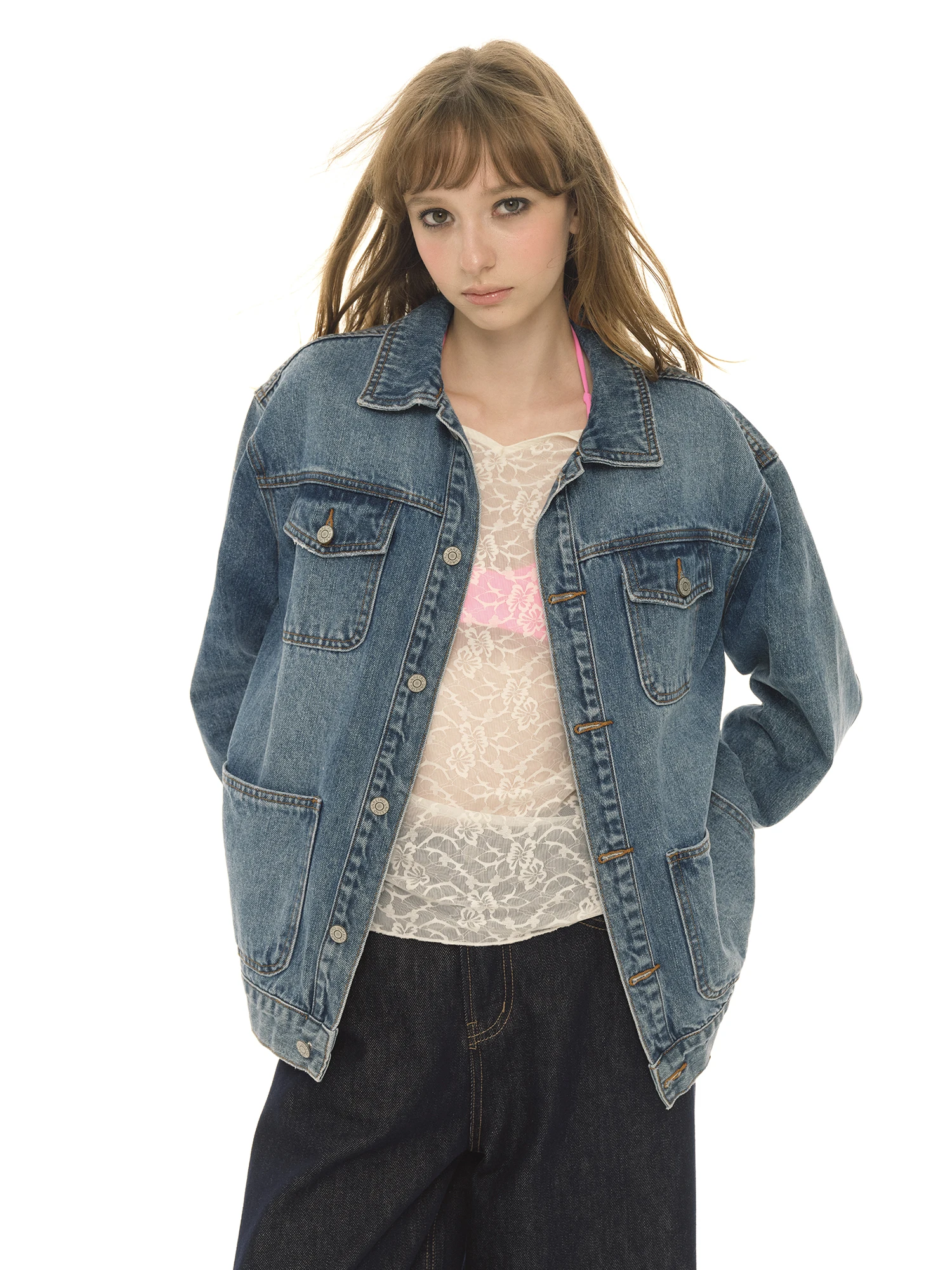 

UNRETRO Vintage Loose Denim Jaet Women's Spring Autumn Small Size Turn-down Collar Open Cardigan Top Cotton Blend Fabric