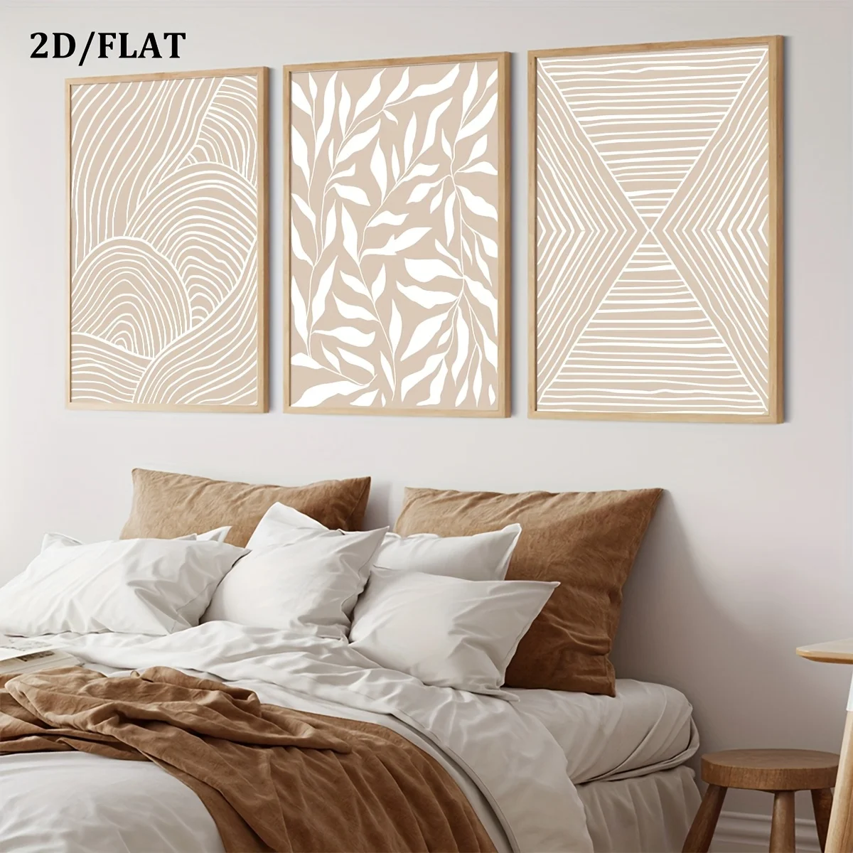 2D Flat, 3pcs/set Of Neutral Beige Abstract Plant Geometric Pattern Lines Wall Art Deco Painting, 2d/flat Frameless Canvas Poste