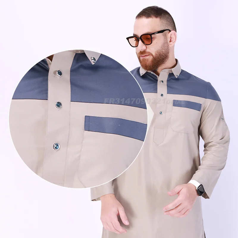 2024 New Arabian Men\'S Abaya Southeast Asian Muslim Patchwork Plus Size Clothing Men\'S Abaya Shirt Islamic Clothing Men