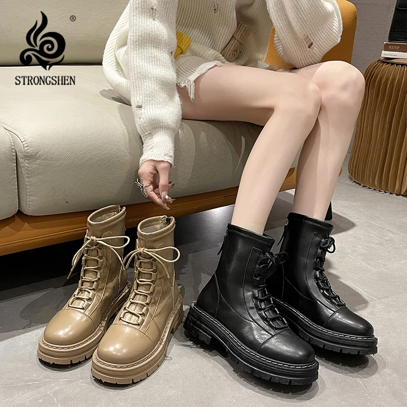 STRONGSHEN New Women Boots Winter raise Boots Women Leather Shoes Ankle Zapatos Hombre Waterproof Casual Lady Motorcycle Boots