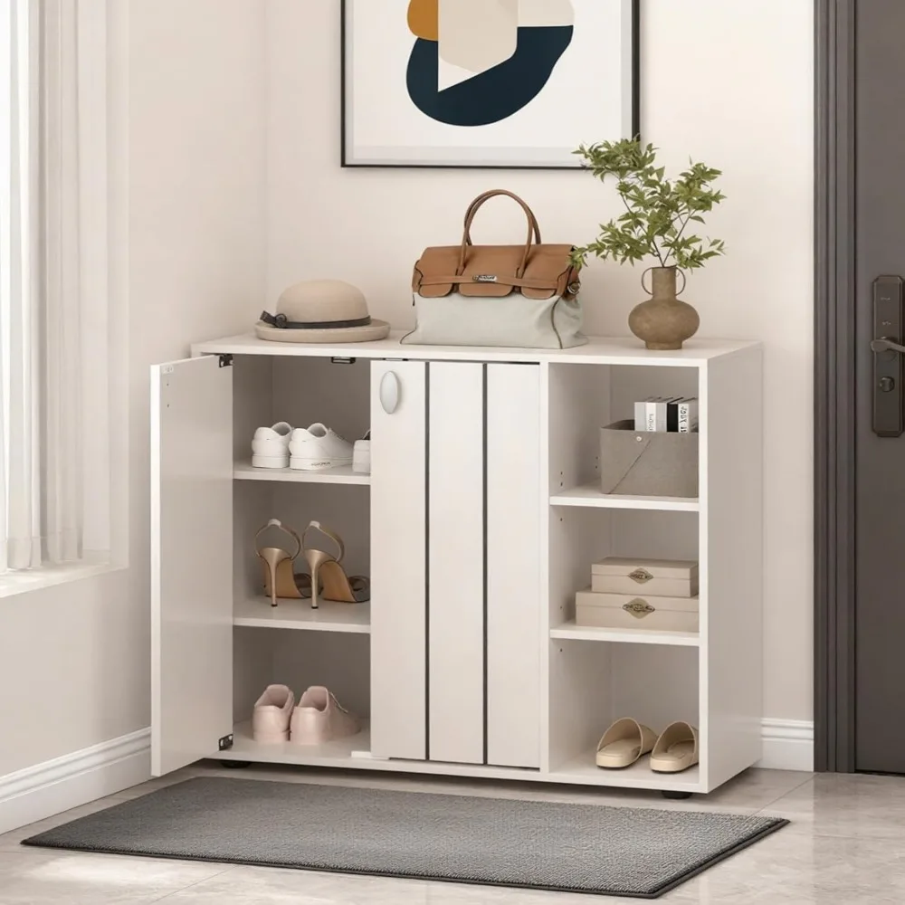 Quality productWood Shoe Cabinet with Doors, Freestanding Shoe Rack Cabinet with 3-Level Adjustable Open Shelves, Modern Wooden