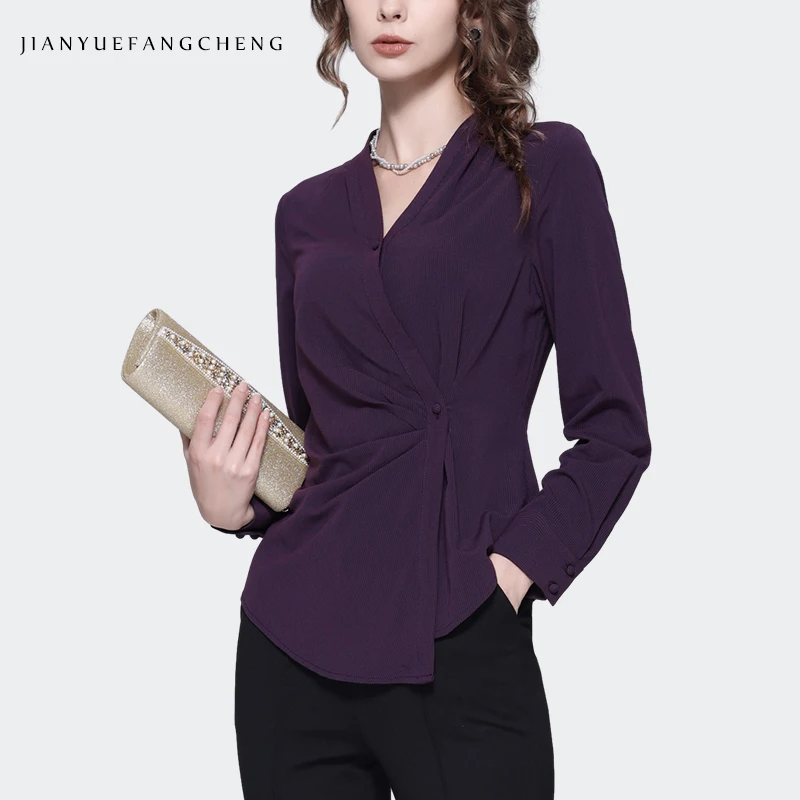 2023 autunno nuove donne che allungano la camicia a maglia viola irregolare manica lunga con scollo a v elegante Slim Cinch vita a righe top