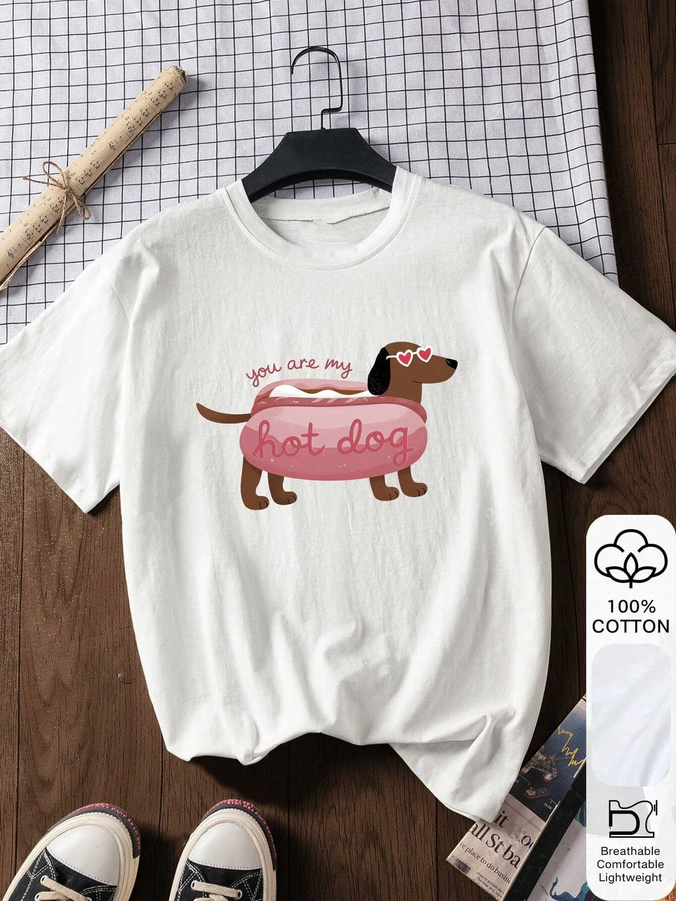 Fun Sausage Dog Printed Cotton T-shirt Summer Women's Leisure Home Travel Tee Round Neck Comfortable Breathable Y2k Top