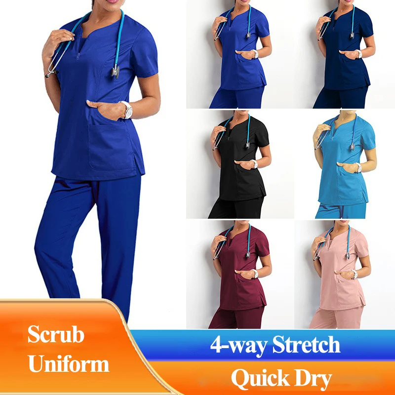 Four Side Bullet Pediatric Sets Quick Dry Dental Clinic Clothes Ultra Soft Surgeon Top and Pants Women Slim Fit Scrubs LMW003-03