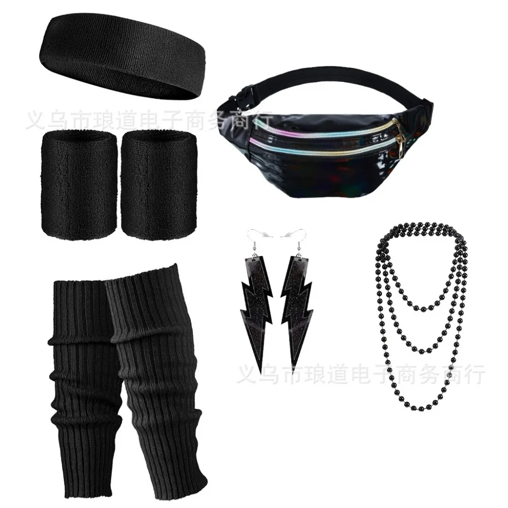 Retro 70s 80s Outfit Costume Accessories Set for Women Disco Party Leg Warmers Headband Wristbands Fanny Pack Earrings Glasses