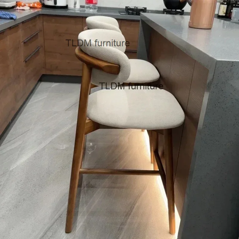 

Nordic Light Luxury Solid Wood Bar Chairs Modern Home Kitchen High Bar Stools Designer Fabric Backrest Stools for Bar Furniture