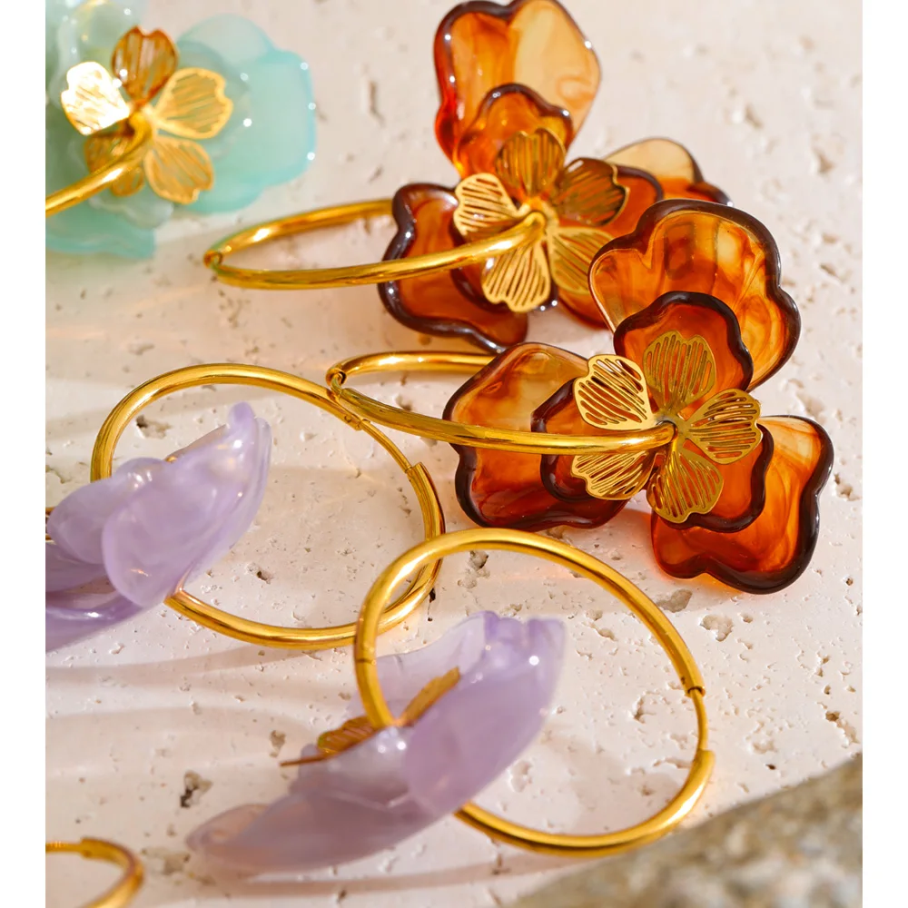Yhpup Exclusive Design Resin Flower Hoop Earrings for Women Stainless Steel Charming Jewelry Green Pink Purple White Brown Color