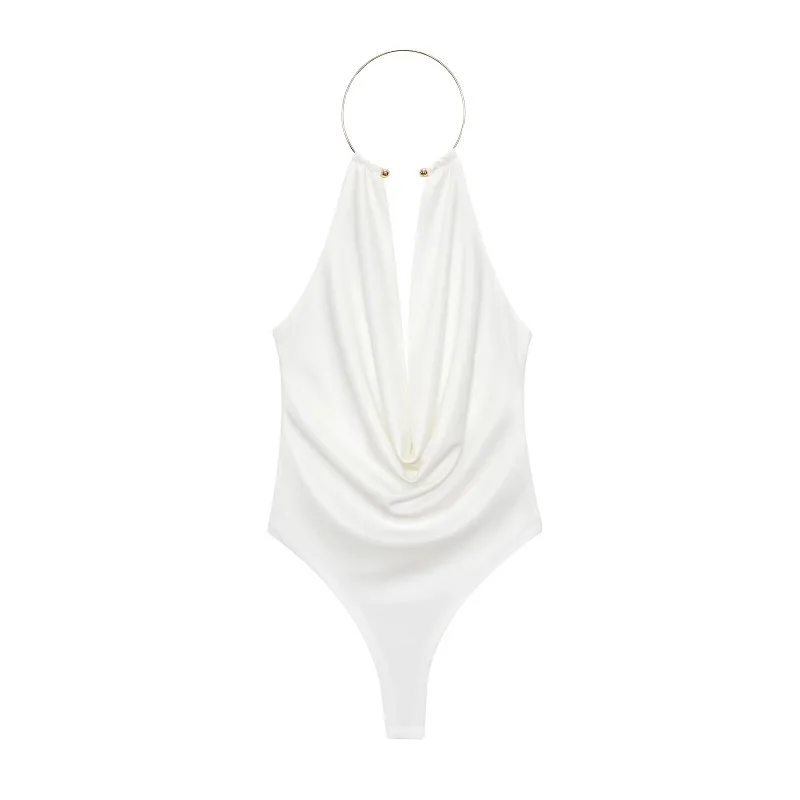 MUJER Sexy Women's Bodysuit White Ring Halter Bodys for Women Ruched Backless Top Woman off Shoulder Bodysuits Women One Pieces
