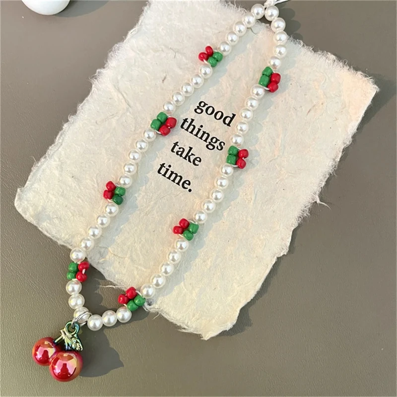 Korean Cute 3D Cherry Pearl Beads Beaded Phone Chain For iPhone Samsung Camera Hanging Rope Anti-Lost Lanyard Hanging Jewelry