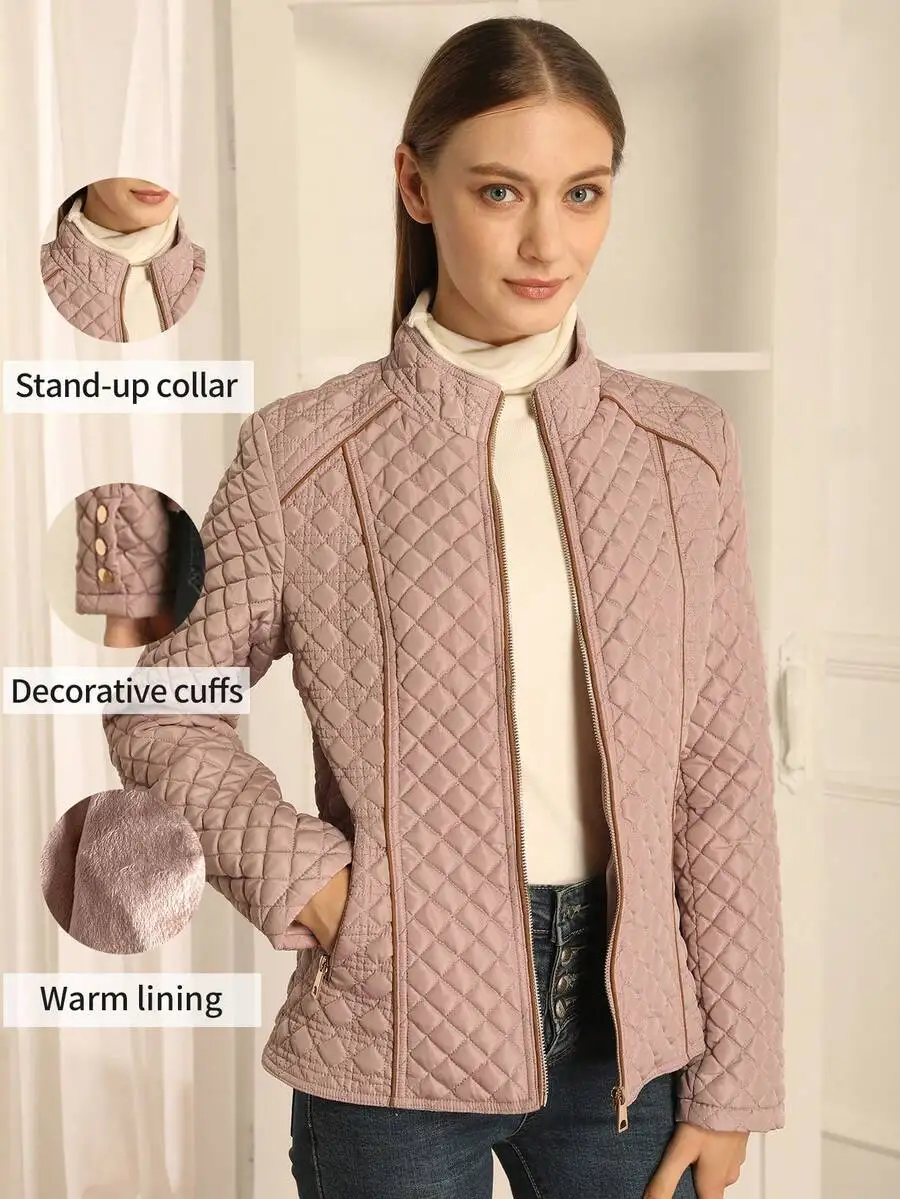 

Women's Quilted Stand-Up Collar Jacket with Decorative Cuffs & Warm Lining, Casual Spring/Fall/Winter Coat