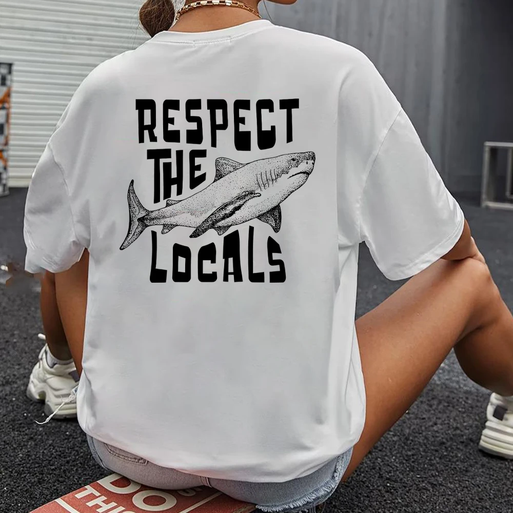 Respect The Locals Shirt Aesthetic Shirt Words on Back Graphic Shirts Beach Tee Preppy Tee Shark Shirt Unisex Surfing Shirt