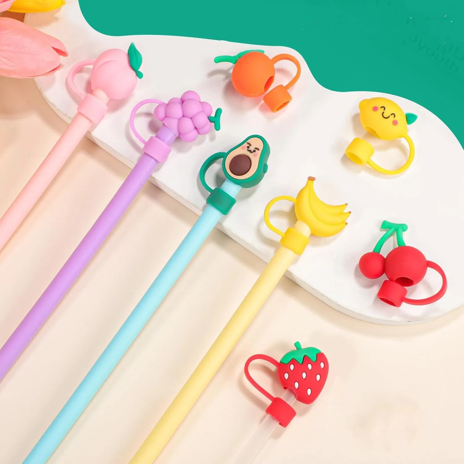 Cute Fruit-shaped Straw Covers For Stanley Tumbler Cups Kawaii Silicone Straw Toppers Dust-Proof Protector Cap For 10mm Straws