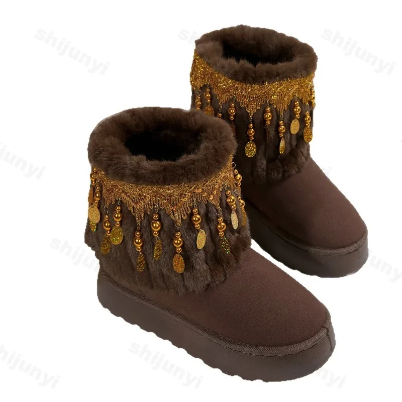 حجم كبير أحذية قطنية نسائية موضة الشتاء توميد أكثر من حافة سلسلة حبة هامش أحذية الثلوج عدم الانزلاق أفخم رشاقته أحذية دافئة #6