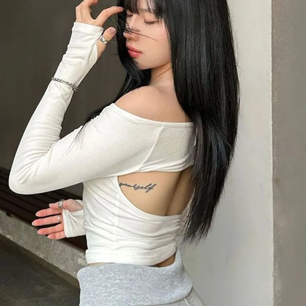 أنيقة حجر الراين القوس قبالة الكتف تي شيرت سليم صالح بلون طويل الأكمام تي شيرت الخريف شيك قاعدة البلوز القمم الخريف #5