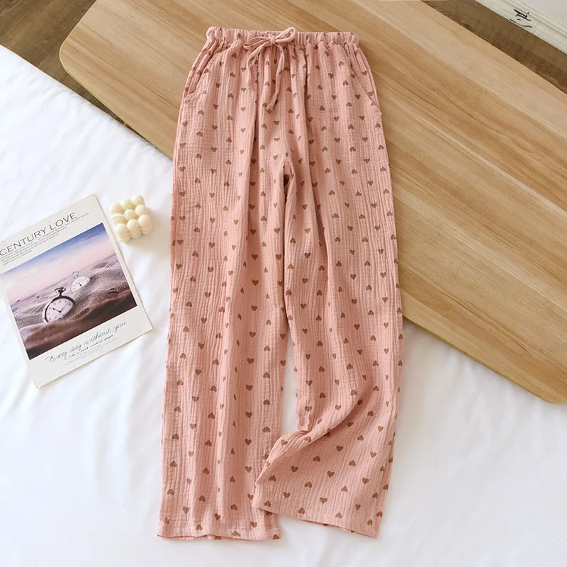 Pantalones de pijama de crepé de algodón para mujer, pantalones de dormir de cintura elástica, ajuste holgado, transpirables y cómodos, ropa de