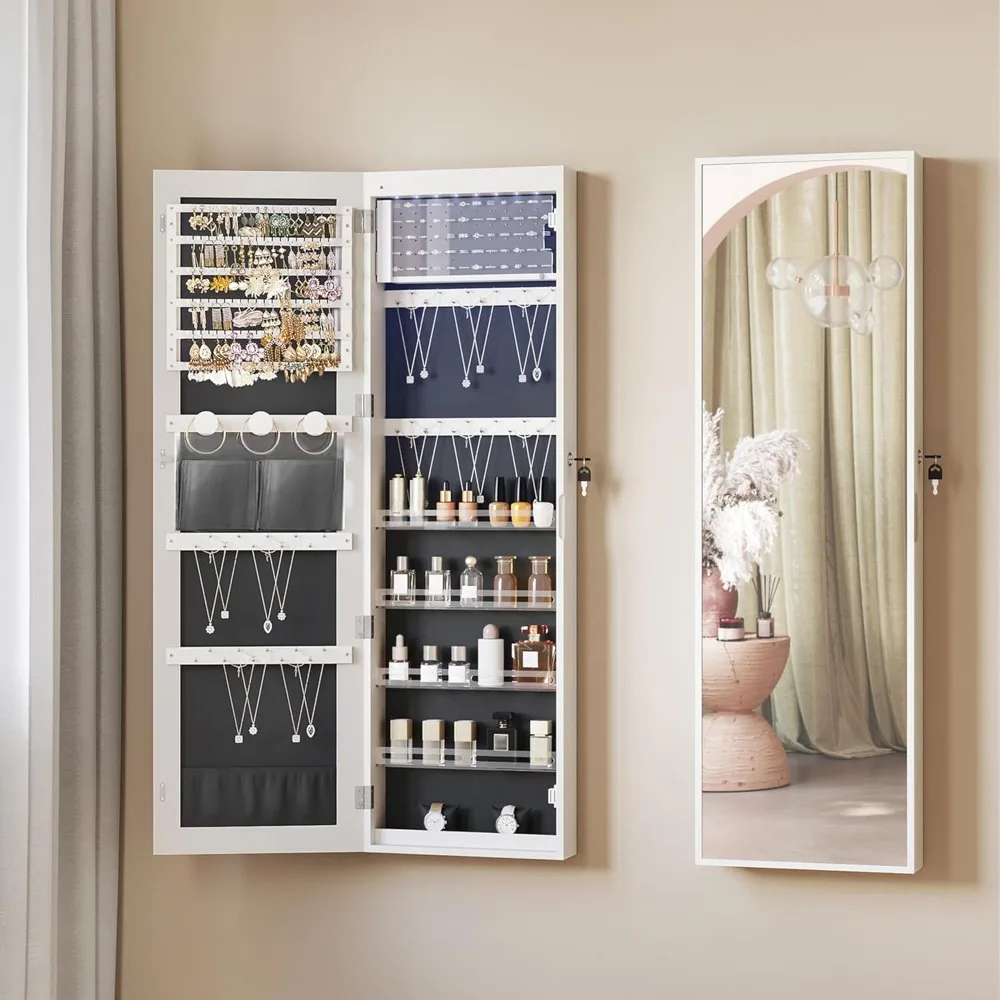 

Mirror Jewelry Cabinet, 47.2-inch Jewelry Armoire Organizer, Wall/Door Mount Lockable Storage Cabinet with 6 Earrings Shelves
