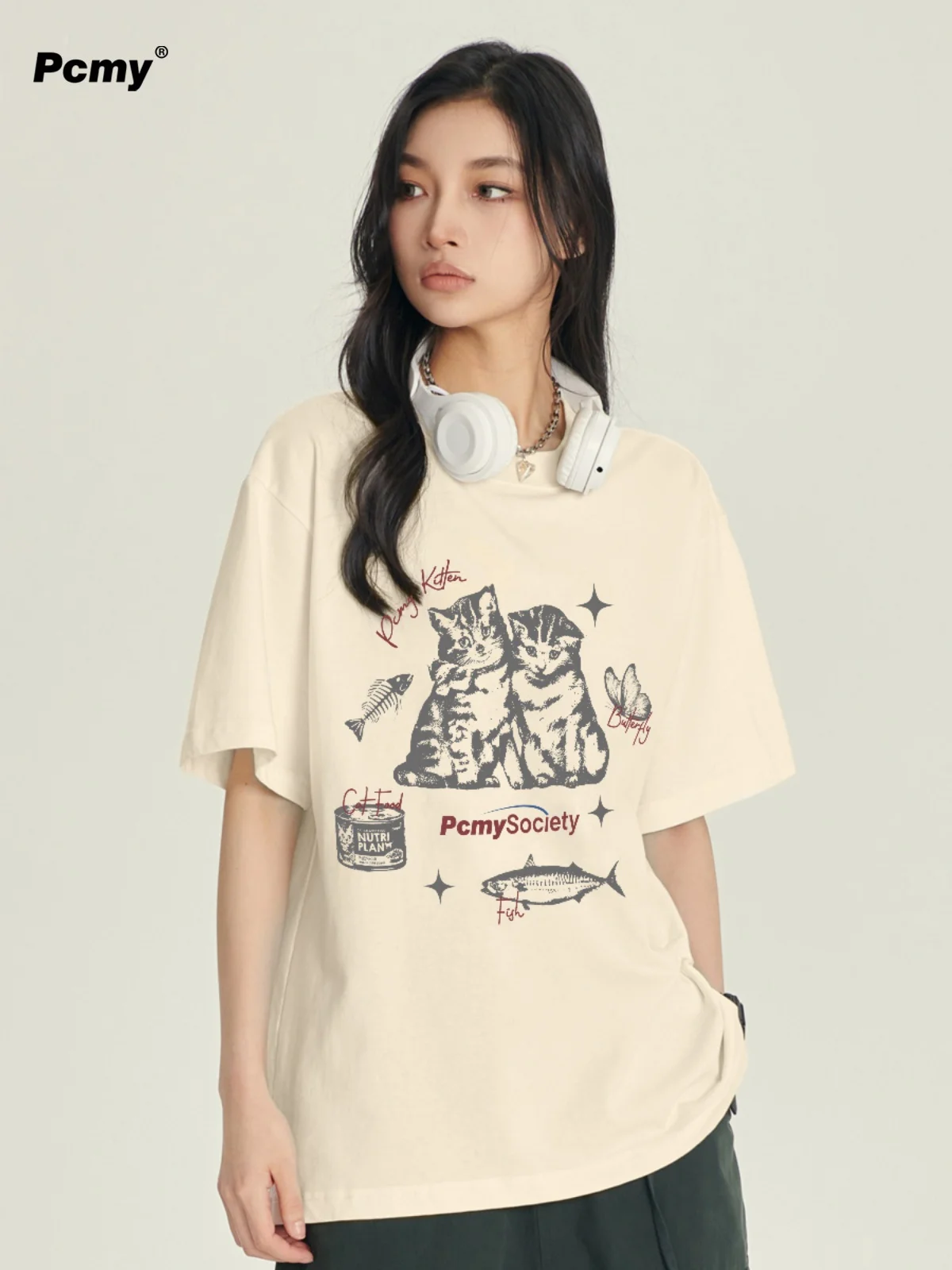 Eat Fish Meow Pattern Short Sleeve 2024 Summer New Couple Pure Cotton Breathable High Quality T-Shirt