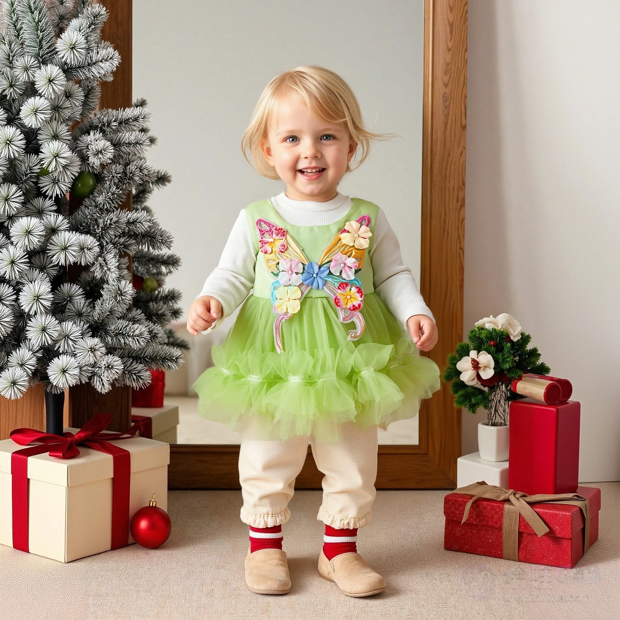 فستان عيد الميلاد للفتيات للربيع والخريف بنمط الفراشة وأكمام طويلة شبكي منفوش للفتيات فستان بناتي لطيف وبسيط #1