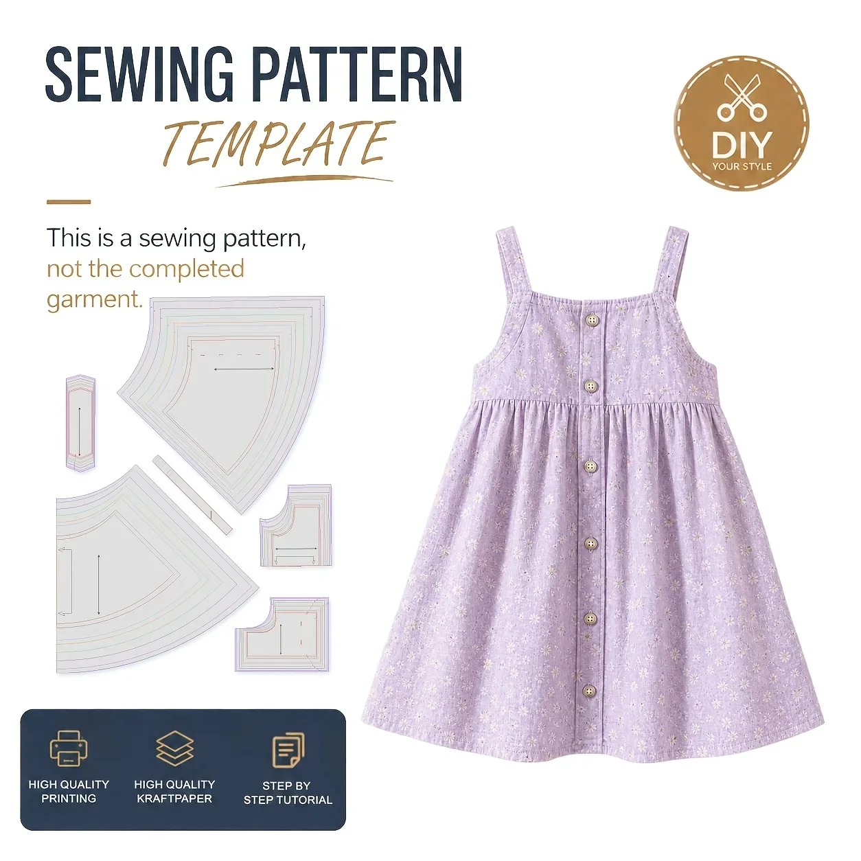 Kids Floral Strap Dress Sewing Patterns, Sewing Patterns for Beginner, Easy Sewing Project, Includes HD Color Step-by-Step