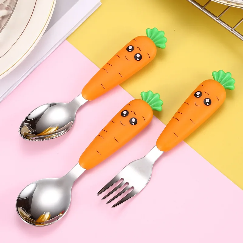 Baby Gadgets Tableware Children Utensil Stainless Steel Toddler Dinnerware Cutlery Cartoon Carrot Baby Gadgets Feedkid